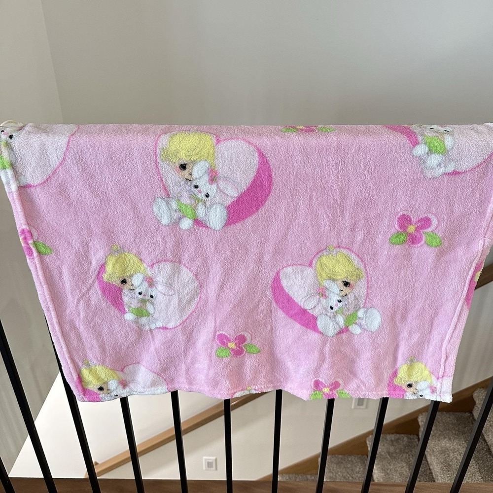 Precious Moments Pink‎ Baby Blanket Hearts with Bunny and Girl Flowers Fleece